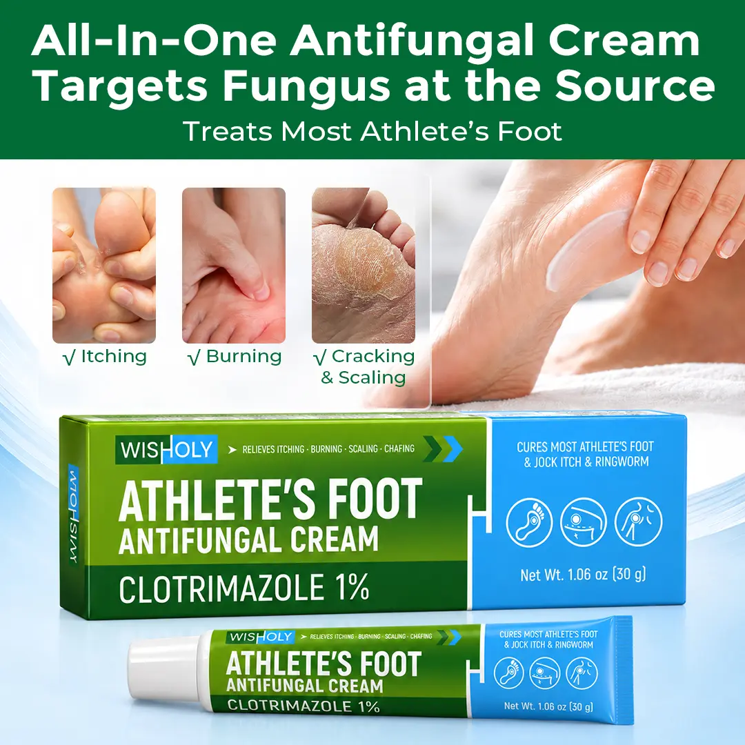 Wisholy All-in-One Antifungal Cream, Clotrimazole 1%, Cures Most Athlete’s Foot, Targets Fungus at the Source, Relieves Itching, Burning, Cracking & Scaling, 1.06 oz