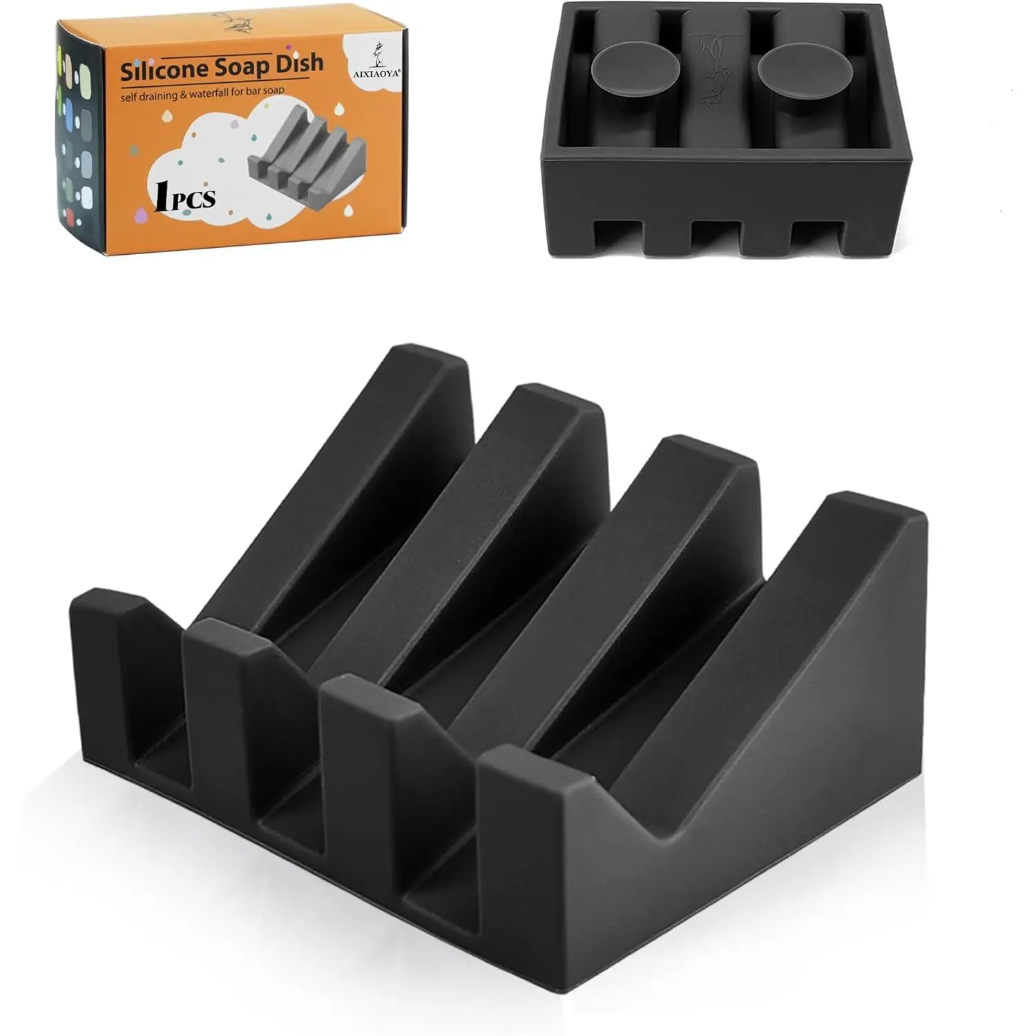 Silicone Soap Dish with Drain, Upgrade Double Suction Cups at The Bottom for Anti-Slip and Stability, Soap Dish Shower Waterfall Bar Soap Holder Tray with Drain Soap Holder (1, Black)