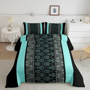 Adult Classic Jacquard Bedding Set, Damask Pattern Comforter Set, Black Teal Stripe Duvet Set, Baroque Quilt Set