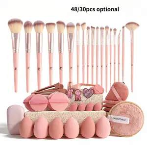 Makeup Brush Set, 48/30 Pieces, Soft Brushes, Beauty Sponge, Powder Puff, Chest Flower, Clips, Multifunctional Makeup Kit for Beginners