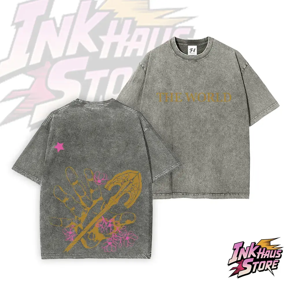 JJBA JoJo's Bizarre Adventure Stand Arrow Acid Wash Tshirt, Men's Short-Sleeve Cotton Unisex Retro Vintage Top, Loose Casual Streetwear Gym Fit, Shortsleeve, Menswear, Classic, Round Neck, Soft