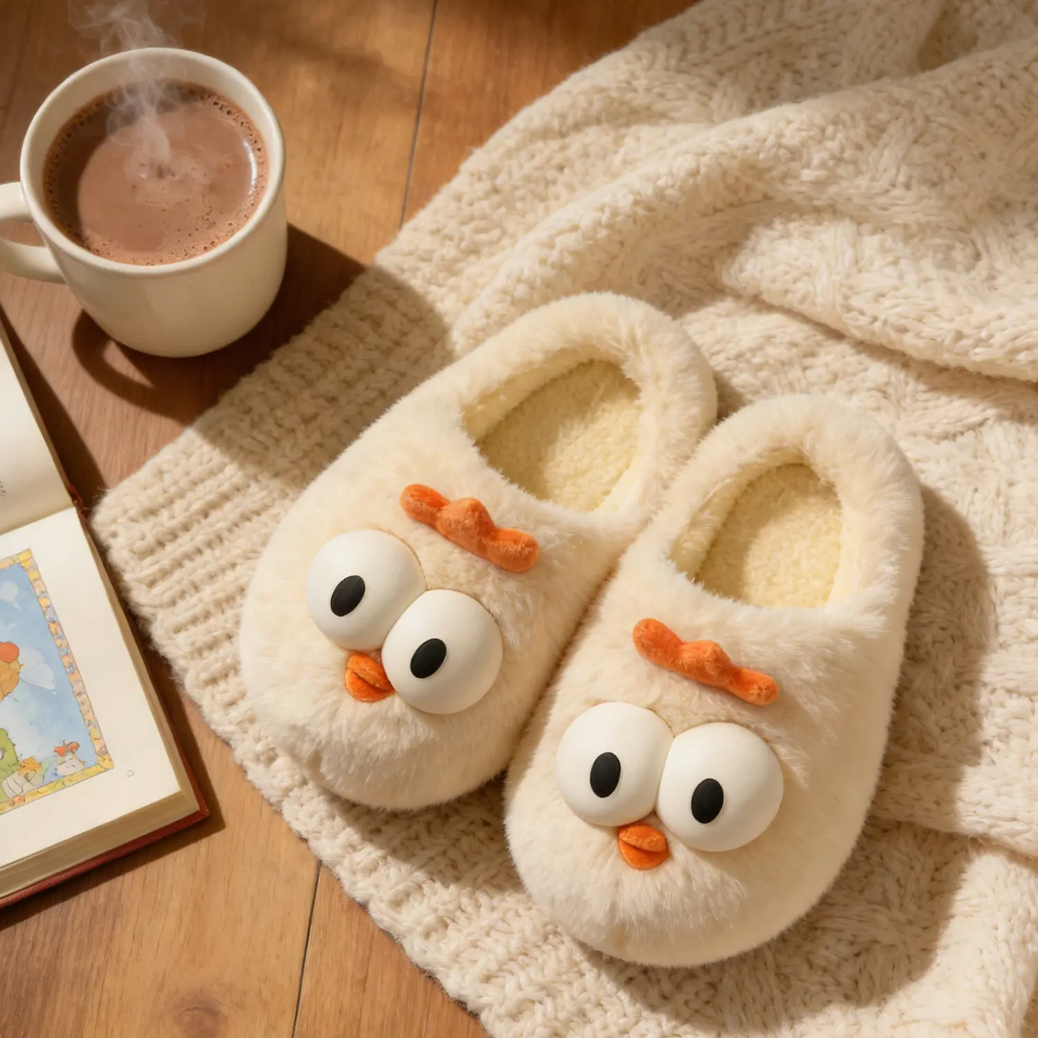 Cute Chick Plush Footwear for Women, Animal Print Slip-On Shoe, Soft Comfy Cloth Slippers with Cushioned TPU Sole for Home