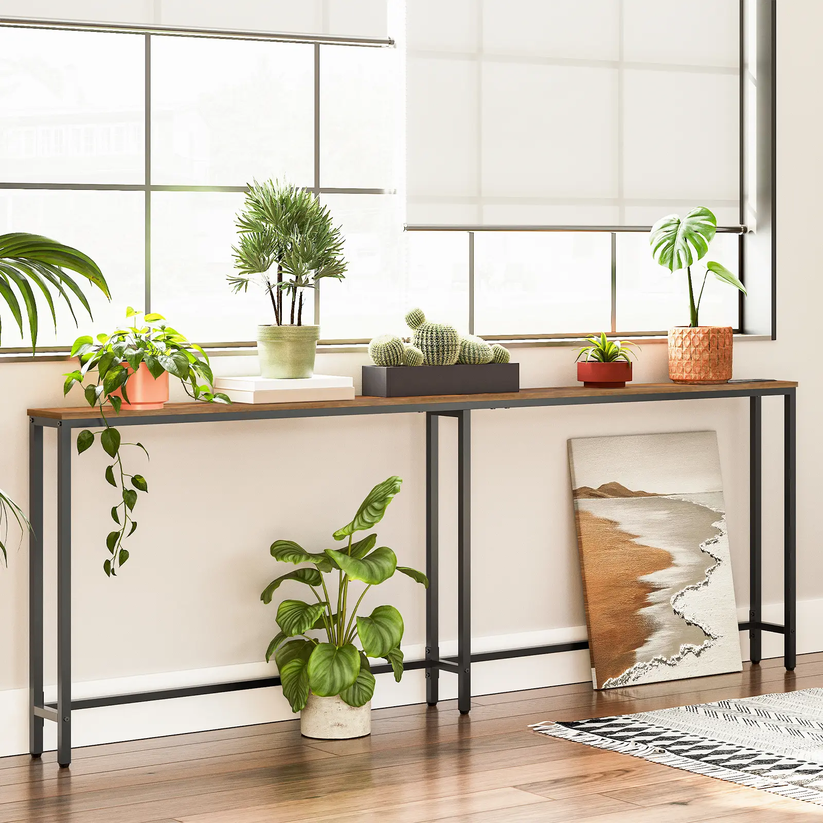 HOOBRO 78.7" Narrow Sofa Table with Power Outlets, Long Behind Couch Table, 5.9" Skinny Console Table with Charging Station, Slim Entryway for Home, Hallway, Living Room, Rustic Brown Study Desk, Simple Style #SummerVibes