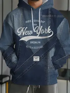 Men's Hooded Sweatshirt 2026 New Fashion Denim Patchwork Digital Print, Casual Graphic Letter Pattern, All-Season Youth Trendy Pullover