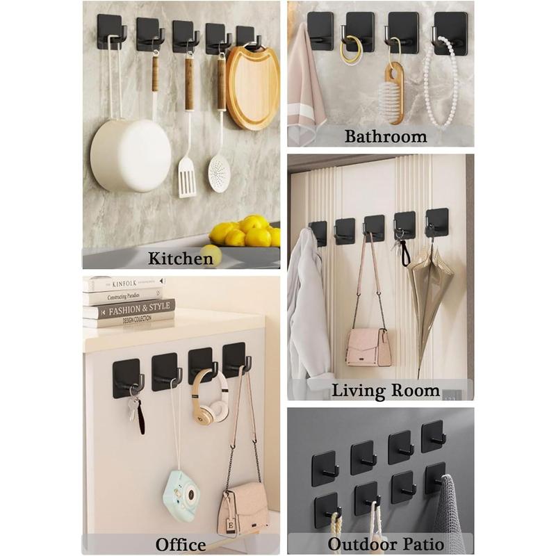 Adhesive Hooks for Hanging, Self-Adhesive Wall Hook for Key Hat Coat, No Drill Stick on Bathroom Towel Hooks, Shower Kitchen Door  Outdoor 8 Pack, Black