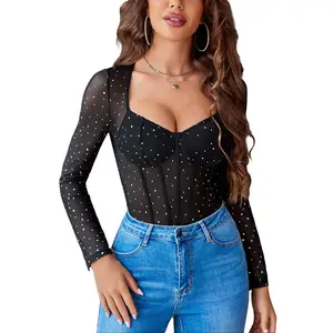 Avidlove Women Long Sleeve Bodysuit Sparkle Body Suits Top Mesh One Piece Leotard Shirt Going Out Tops Fall Outfits S-XXL