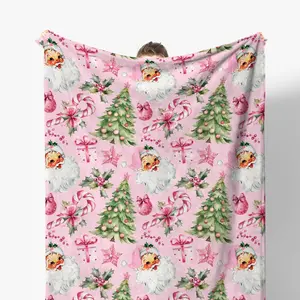 1pc Christmas tree and Santa Claus blanket, preppy style Christmas decorative blanket, pink girly bow candy cane blanket, flannel blanket for sofa bed, home bedroom, living room decoration, Warm Blanket