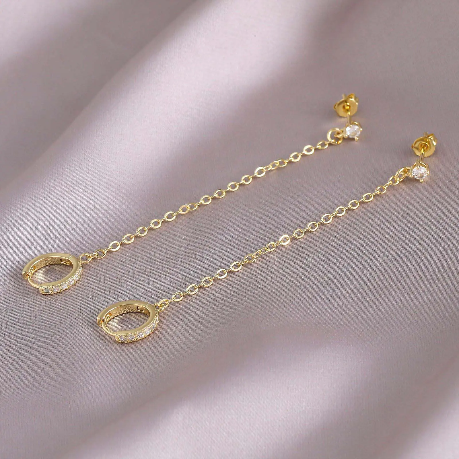 Female Double-Pierced Zirconia Hoop Earrings - Casual Trendy Jewelry with Tassel Flow, Swing Motion Dynamic Movement Elegant Statement Accessory for Daily Wear, Versatile Accessory, Statement Earrings, Fashion