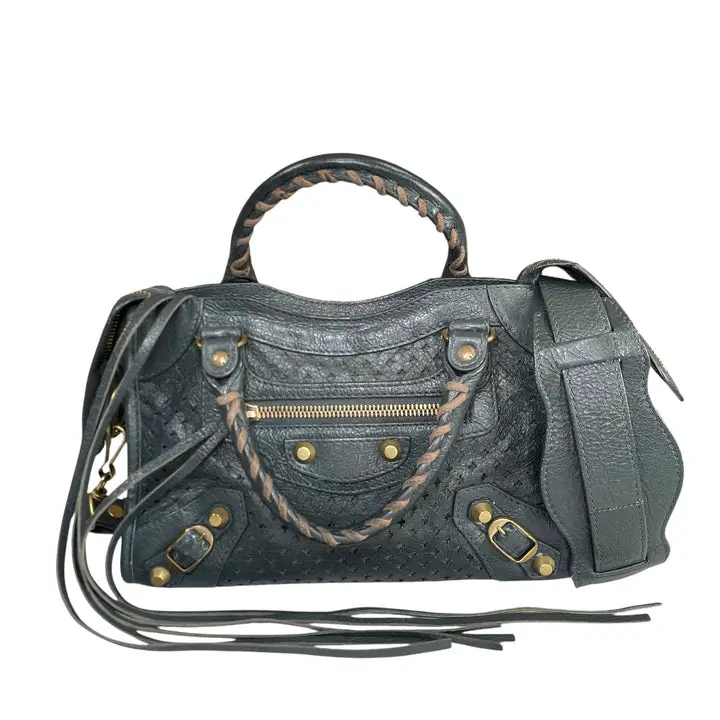 Pre-owned Balenciaga Leather Shoulder Bags Motorcross Mini City Perforated Anthracite Grey Bag