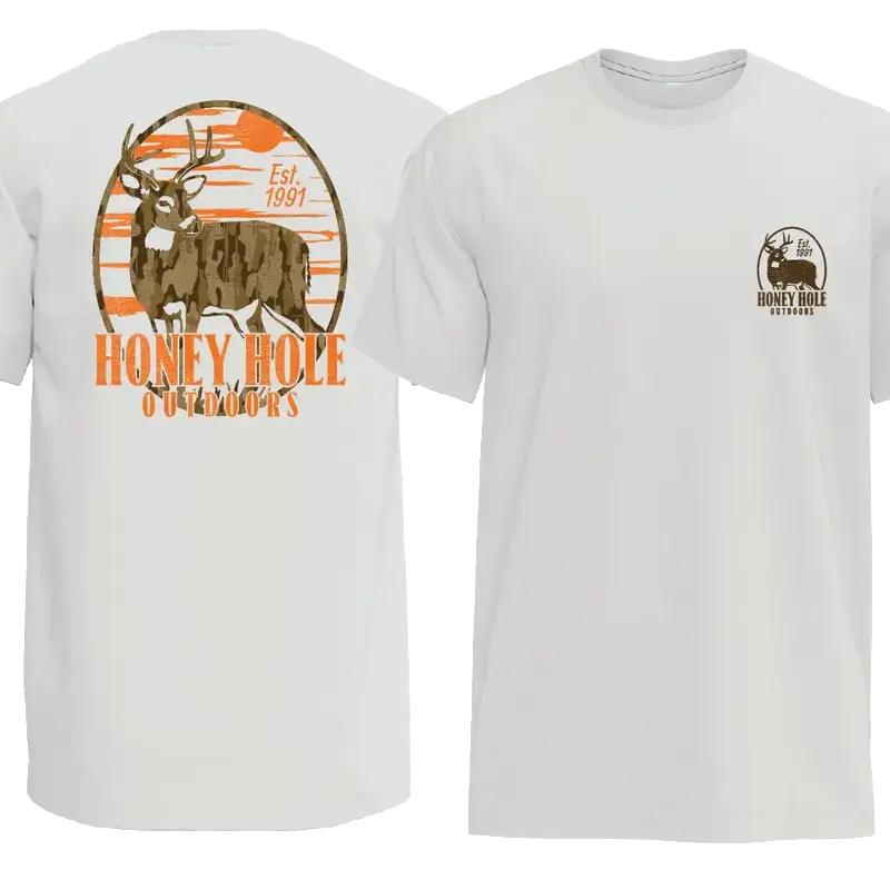 HONEY HOLE OUTDOORS T-Shirt – Hunting Tee Featuring Front Chest Logo & Camouflage Whitetail Deer Sunset Back Graphic, Retro Est 1991 Buck Design Novelty Gift for Bowhunters & Deer Hunting Enthusiasts, Menswear Medium Men's