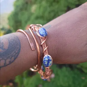 Pure Copper Wrapped Bangle Bracelet - Adjustable Copper Wire Design for Adults, Featuring Crystals and Copper Elements