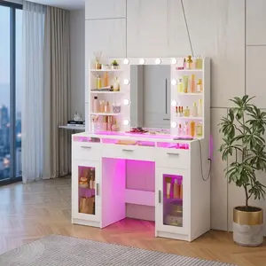 3 Color LED Makeup Vanity Desk Transparent Tempered Top RGB Drawer Storage Cabinet With Power Outlet Bedroom Dressing Table Holiday Gift