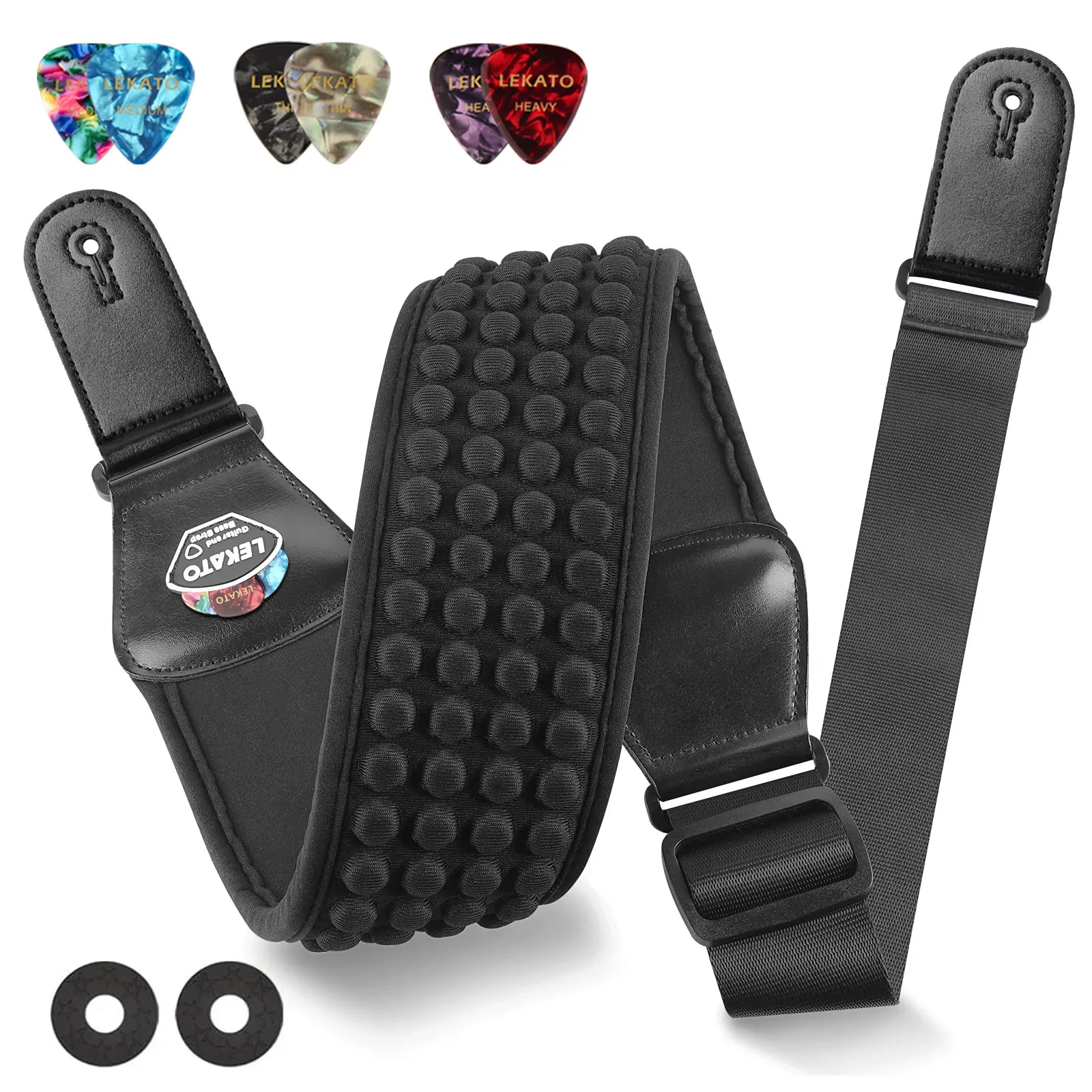 LEKATO LGS-5 Guitar Bass Strap, 3" Wide 4 Rows, 3D Sponge Filling Neoprene Pad Belt Set, w/ 6 Picks 2 Strap Locks, Length Adjustable Electric Guitar Strap, Back to School