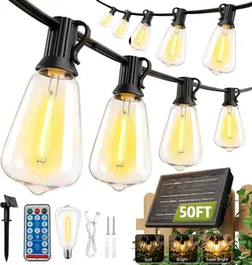 50FT Solar String Lights Outdoor Waterproof with Remote Control, 15+2 Shatterproof ST38 LED Solar Patio Lights for Backyard, Garden, Porch, Fence, Pergola, Bistro & Market Decor