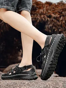 Men's Solid Color Hollowed-Out Closed-Toe Outdoor Sandals, Drawstring Velcro Non-Slip Beach Shoes, Hand-Stitched Thick-Soled Dad Shoes