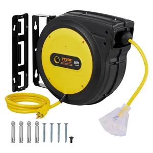 fathersdaygift  VEVOR Retractable Extension Cord Reel, 65 FT, Heavy Duty 12AWG/3C SJTOW Retractable Power Cord with Lighted Triple Tap Outlet, 15 Amp Circuit Breaker 180 Swivel Bracket for Ceiling or Wall Mount