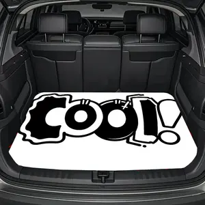 A car trunk pad, black and white graffiti "Cool!" print, street art style, playful stylized font design, thickened irregular wavy outline, cartoon style mismatched O, block misplaced L, teardrop exclamation point, casual short sleeves