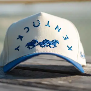 Royal Hoof Kentucky Hat - White Front with Blue Striped Design, Featuring Blue Lettering and Horse Illustrations