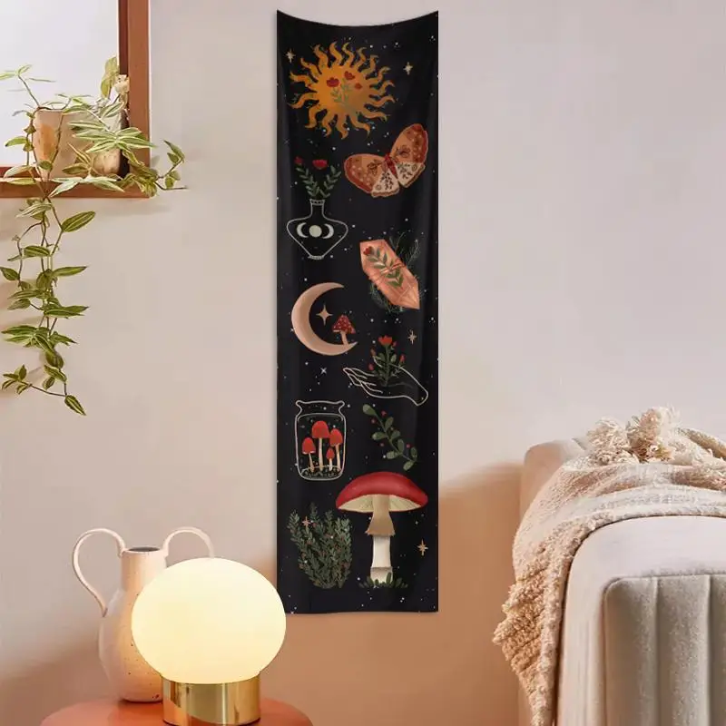 Festival Ornaments, Moon & Sun & Mushroom Print Tapestry, Sweet Furniture Wall Art Decoration Backdrop, Boho Style Wall Hanging Poster Ornament, Decor