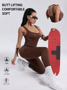 Women's High Elasticity Yoga Jumpsuit, Sleeveless Ribbed Design, Slim-Fitting Sports Wear, Perfect for Gym & Daily Use, Workout Jumpsuits, Backless Sports Jumpsuit