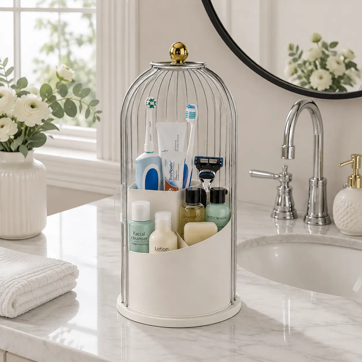 Multi-functional 360-degree rotation  clear dustproof desktop storage box, transparent makeup brush door sliding dust-proof and water-resistant cover, 3 slot compartments, cosmetic and toothbrush brush storage bucket toothpaste organizer bathroom