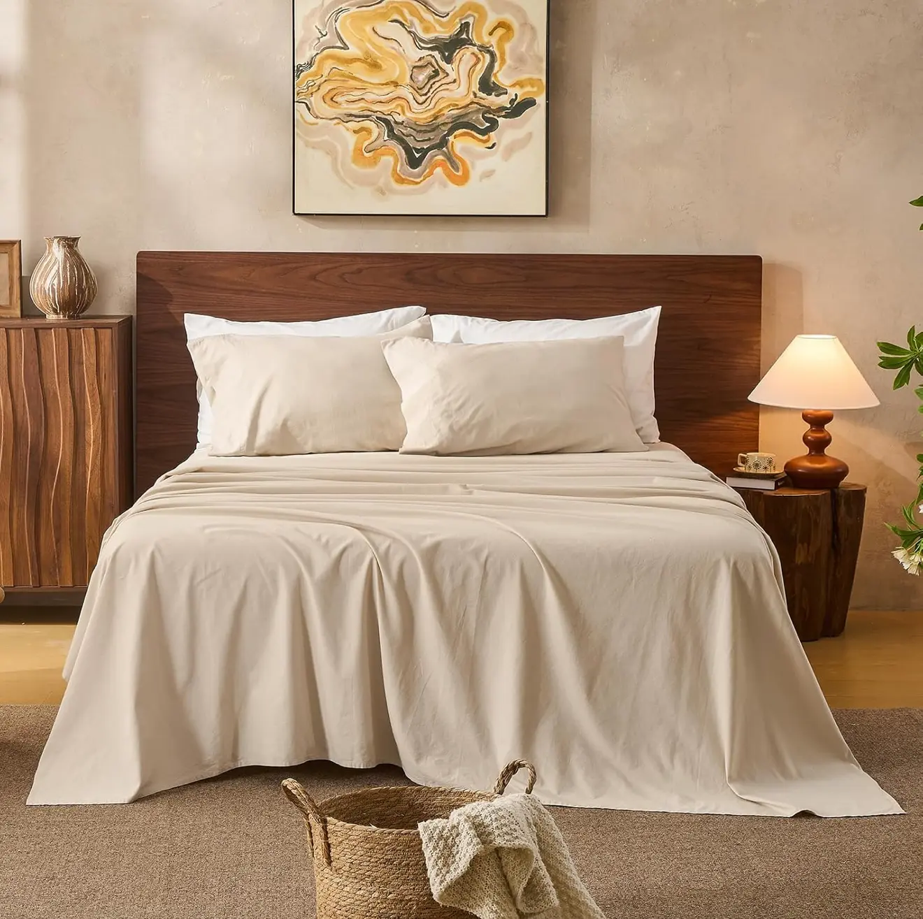Organic Linen Sheet Set- 4 Pcs Linen Bed Sheet Queen Size - Natural French Flax for All - Soft & Breathable, 15" Deep