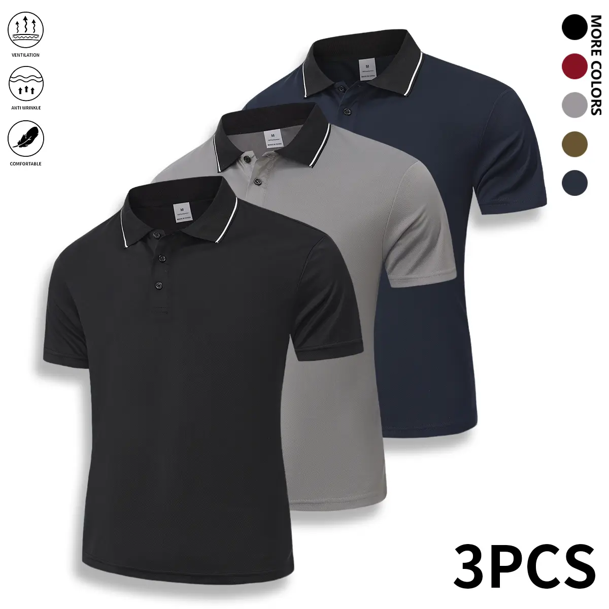 Summer 3-piece set for men: collared polo shirt, solid-color light-weight short-sleeve polo available in multiple colors, workwear/casual sportswear tops; casual short-sleeve shirts, quick-dry solid-color T-shirts, moisture-wicking men’s tops.
