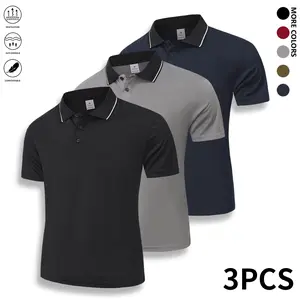 Summer 3-piece set for men: collared polo shirt, solid-color light-weight short-sleeve polo available in multiple colors, workwear/casual sportswear tops; casual short-sleeve shirts, quick-dry solid-color T-shirts, moisture-wicking men’s tops.,summervibes