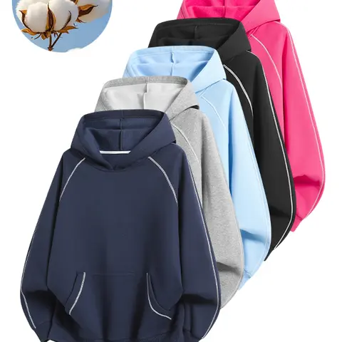 Men's Ribbed Elastic Pullover Hoodie - Unisex Cotton Blend Medium-Length Plain Solid Autumn-Winter Sport Casual Menswear Sweatshirt with Kangaroo Pocket, Machine Washable for Daily Commuting