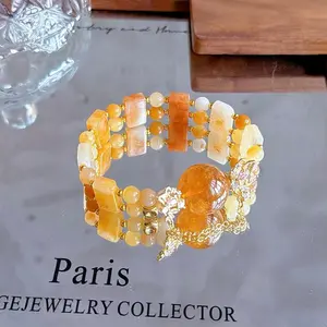 Wrist Plate Mixed Wholesale - Double Row Multi-Loop Yellow Tower Quartz & Golden Silk Jade