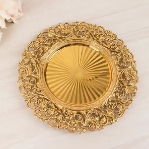 6-Pack Acrylic Round Charger Plates 13" in Gold with Vintage Floral Carved Rim, Event Tabletop Decorative Charger Tableware