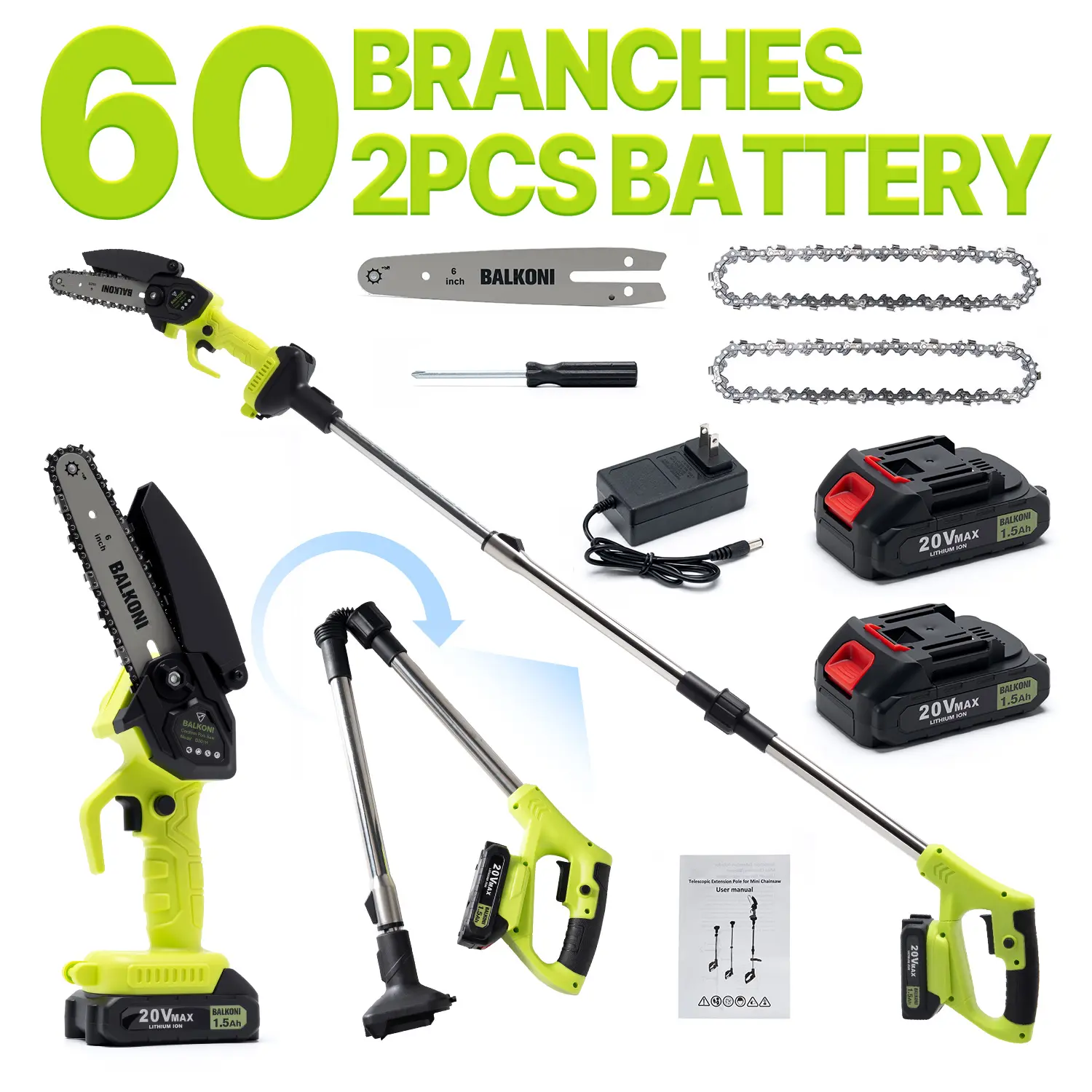 2-in-1 Cordless Pole Chainsaw, 5.25ft Telescopic Pole, 6 Inch Chainsaw With 1 or 2x 1.5Ah Lithium Batteries - For Tree Trimming, Gardening