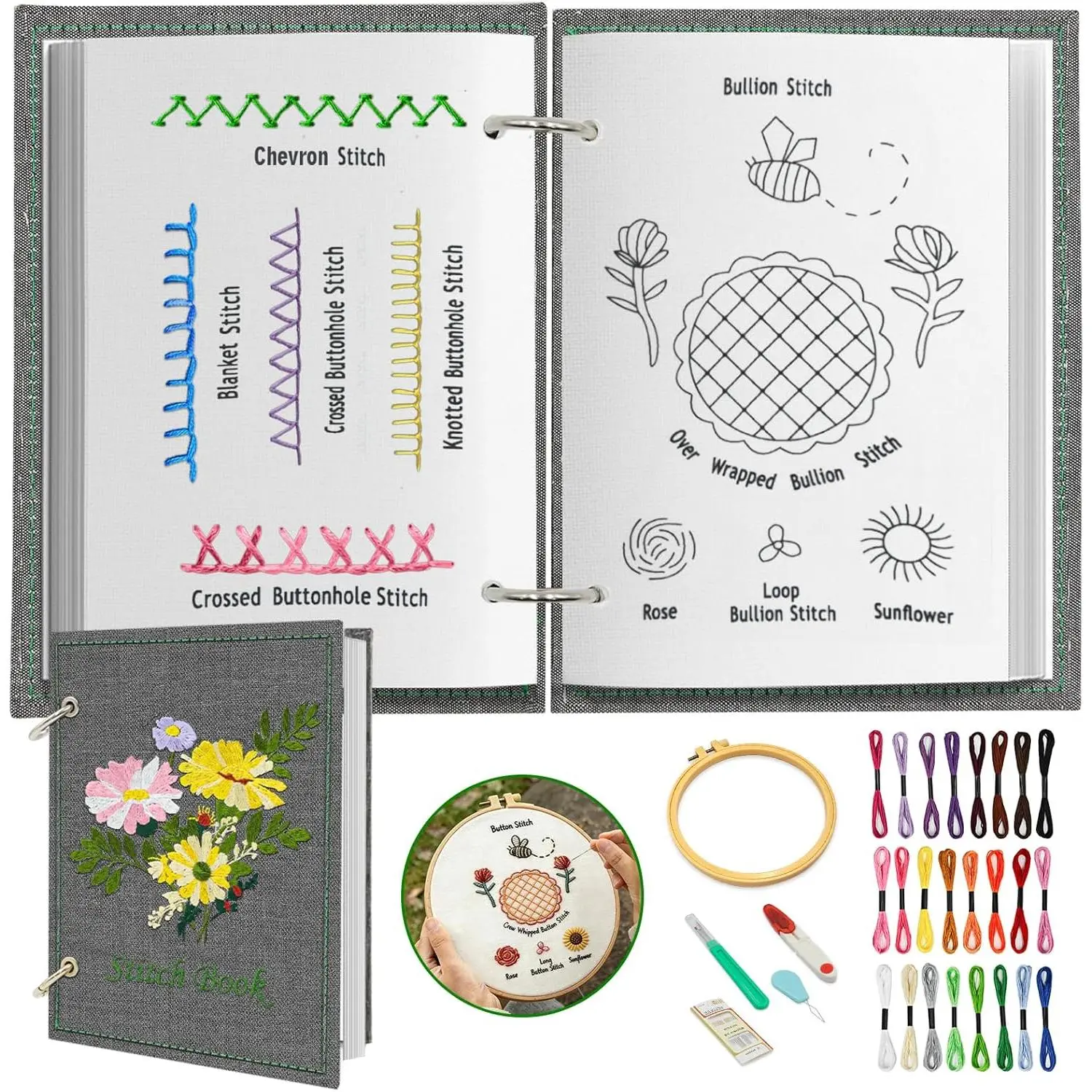 Beginners Embroidery Stitch Book, DIY Needlepoint Kits Comes with a Complete Tool Kit, Instructional Tutorial and 6x8 Inch Removable Practice Patterns, Gifts for Craft Lovers, Mom, Women