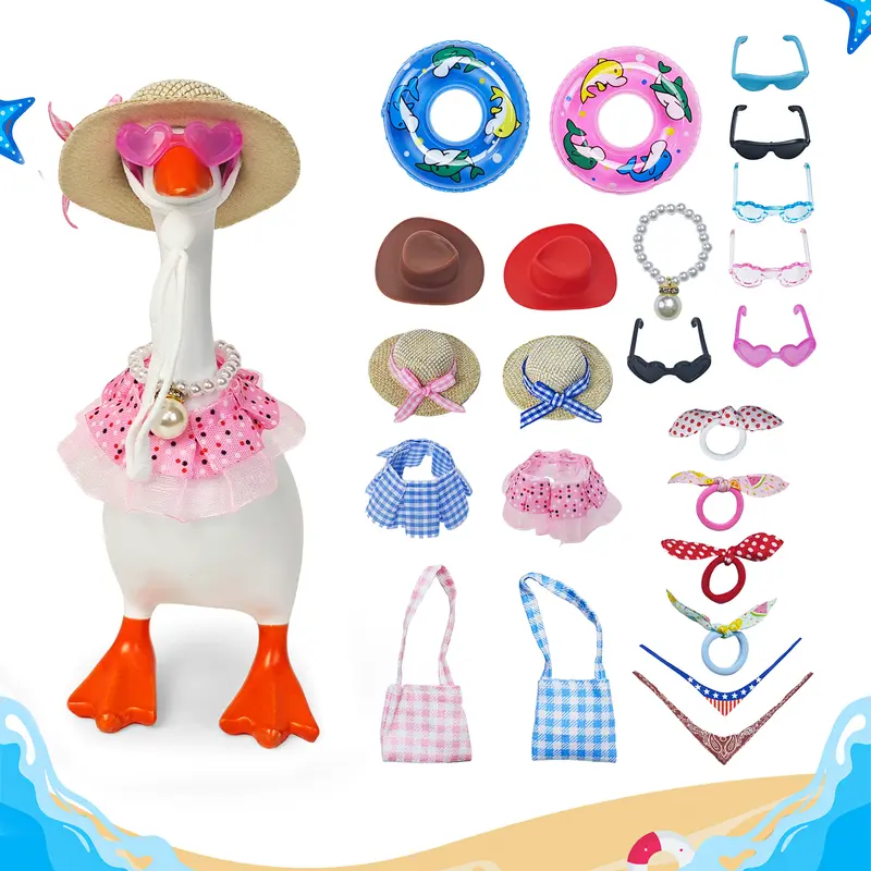 23-Piece Small Colorful Mini Desk Goose Clothes Set - Cute & Kawaii Desktop Decoration, Office Gift, Includes Accessories (Hats, Sunglasses, Bikini, Hair Clip, Swim Ring, Dresses) for Magnetic Porch Key Holder (Desk Goose Not Included)