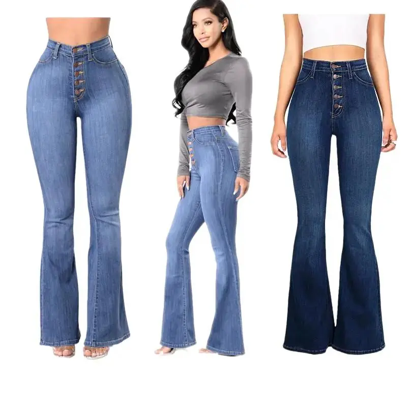 Ladies' High-Waisted Bell Bottom Jeans, Retro Slim Fit Stretch Denim Pants with a Flattering Flare for Casual Outfits, Shirt, Jacket
