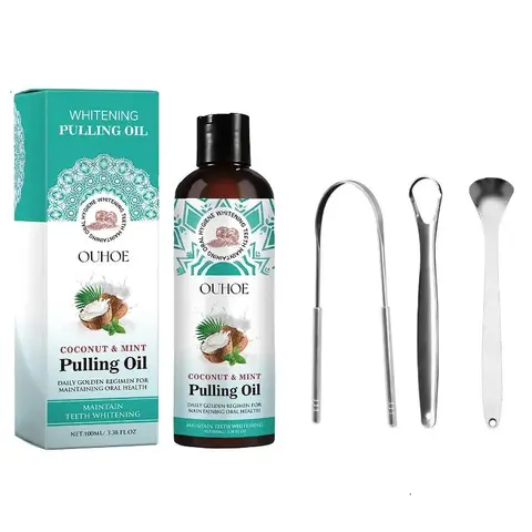 Coconut Oil Pulling Mouthwash Set, 4 Counts/set Including 1 Count Mouthwash & 3 Counts Tongue Scraper, Oral Care Product for Men & Women, Mouth Care Kit, Mouth Hygiene Kit, Oral Clean Kit, Christmas Gift