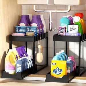 Pull Out Drawer Organizer,2-Tier Sliding Cabinet Basket With Hooks,Multi-Purpose Plastic Storage Drawer For Cleaning Supplies,Towels,And Utensils,Waterproof And Easy To Clean,Space Saving,Housewarming Gift,Christmas Thanksgiving New Year Home Present