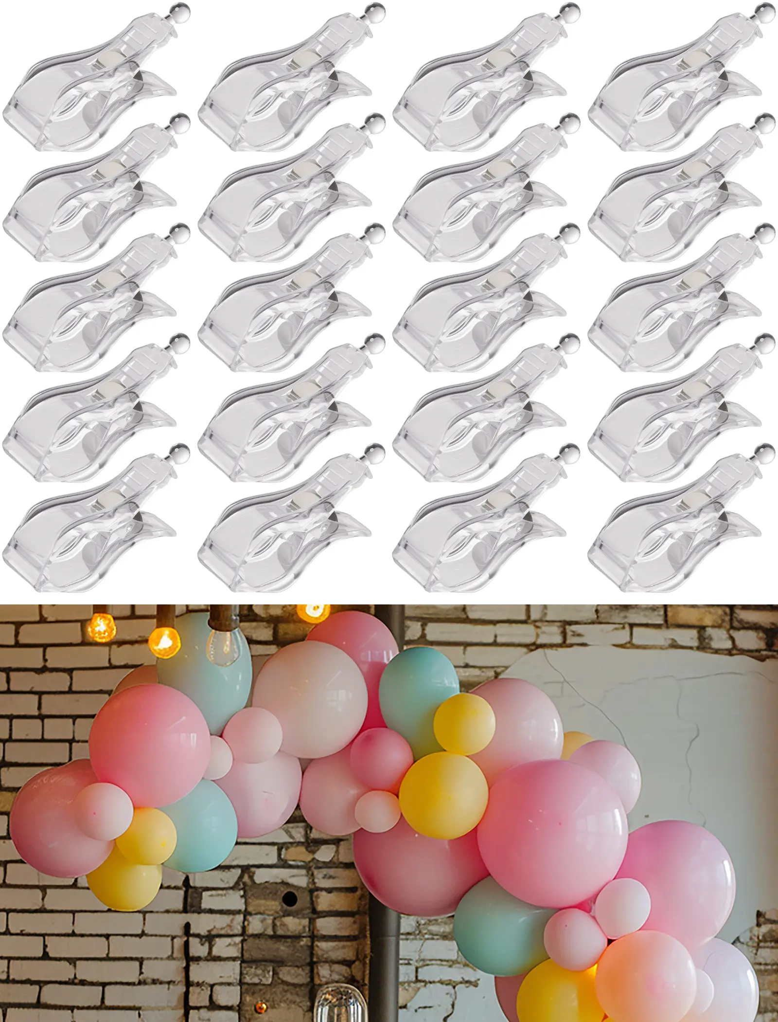 NiHome 20-Pack Plastic Balloon Arch Clips Set, Heavy-Duty Spring Clamps with Superior Grip, Transparent Reusable Arch Backdrop Balloon Accessories for Wedding Events Decorations