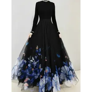 Floral & Butterfly Print High Waist Skirt, Elegant Ruffle Hem Flowy Maxi Skirt - Women's Clothing - Soft, Flowy Fabric - For Casual & Formal Occasions - Perfect Gift for Women Black Chic Womenswear Bottom Spandex Comfort Palda Fitted Gamis