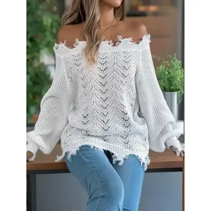 Women's Plain Hollow Out Off Shoulder Sweater, Casual Long Sleeve Raw Hem Jumper for Fall & Winter, Fashion Ladies' Knitwear for Daily Wear Womenswear Tops