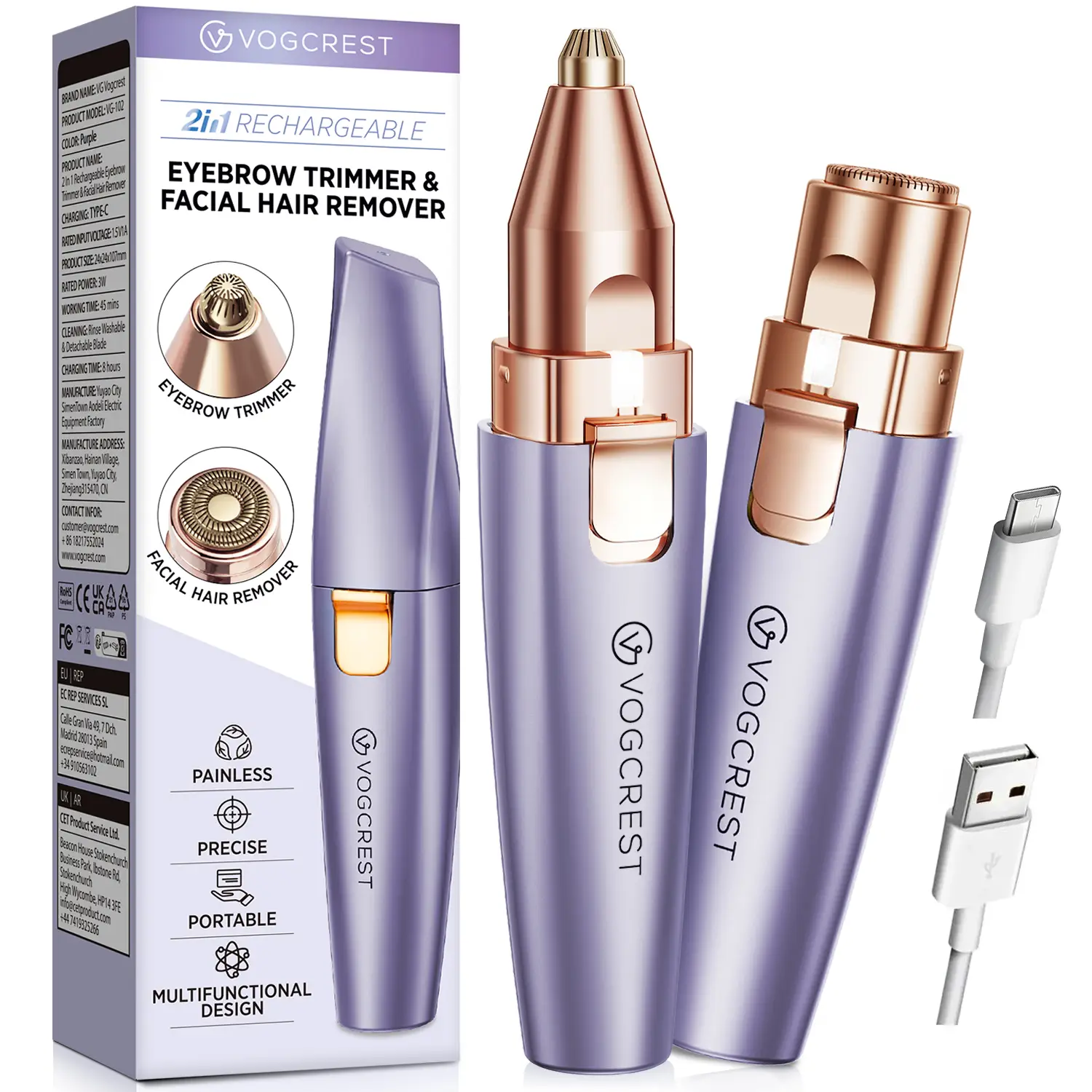 VG VOGCREST 2in1 Rechargeable Eyebrow Trimmer & Facial Hair Remover with LED Light - Painless Precision Shaver for Face, Lips, and Body - Comfort