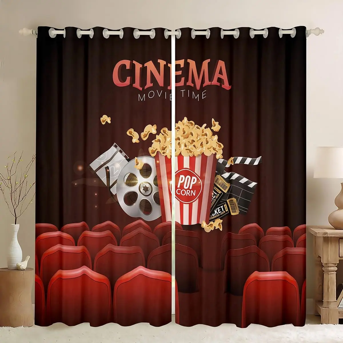Movie Theater Decor Velvet Curtains (2 Panels, 52x96 in) - Popcorn All-Over Bold Pattern, 30%-50% Blackout Blocking Drapes, Smooth Sliding, Cinema Theme Window Treatments for Movie Time, All-Over Print Curtains, Blocking Curtains