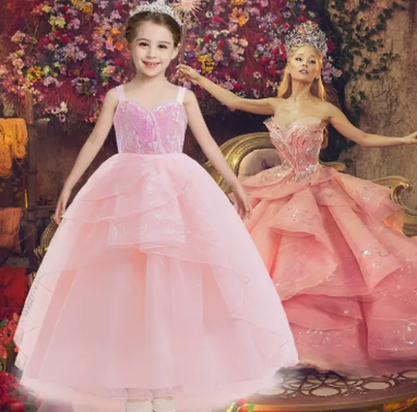 Big Girls Pink Princess Dress, Sparkle Sequin Ball Gown with Layered Tulle Skirt, Fairy Tale Costume Outfit for Tween Girls, Birthday Party, Halloween & Stage Performance