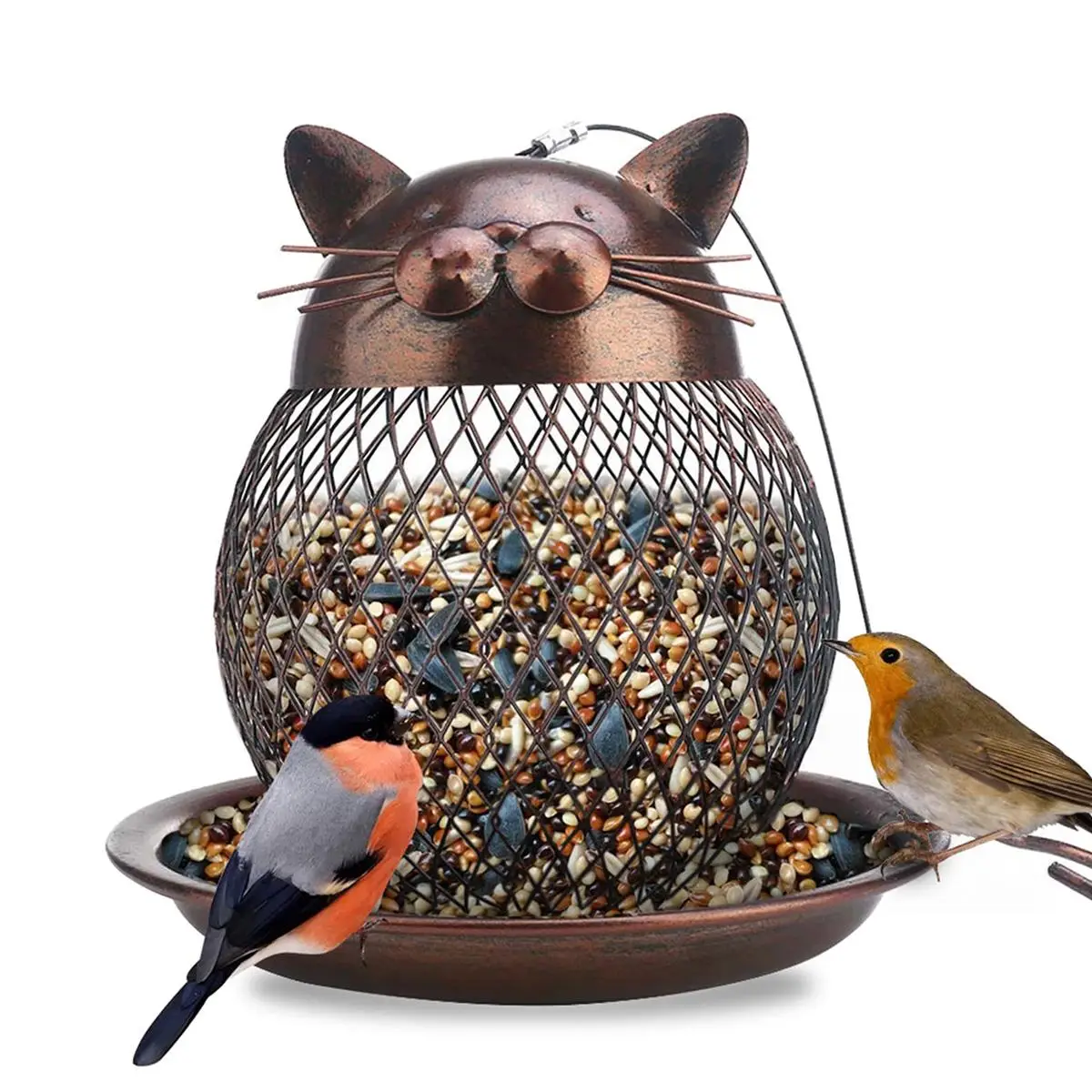 Mesh Metal Bird Feeder, Cute Cat Ear Design Bird Feeder Basket, Hanging Bird Feeder for Garden Yard Outdoor Decoration