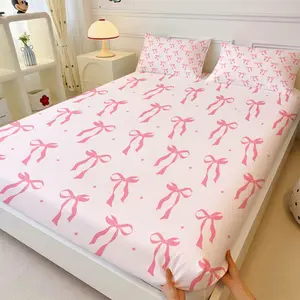 Sweet Ribbon Butterfly Print Fitted Sheet Set, Includes 2 Pillowcases, Pink Bow Starburst Bedding, Breathable Comfort Durable Skin-Friendly Anti-Wrinkle Design, Home Decor or Gift Choice