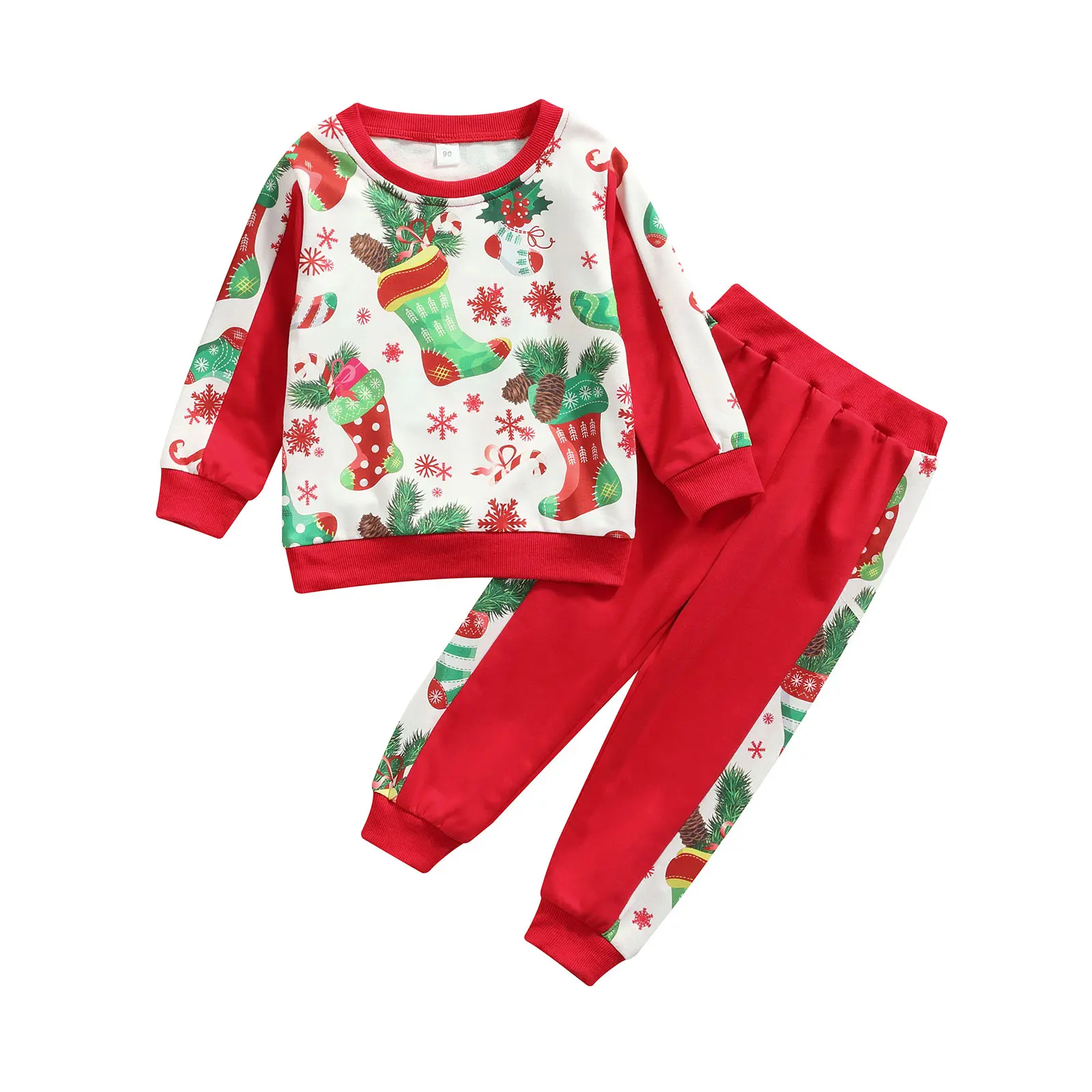 Imcute Kids Christmas Two-piece Clothes Set, Printed Pattern Round Collar Pullover and Trousers, White/ Red