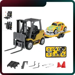1/64 Mini RC Forklift, Remote Control Excavator, 11 Channel 2 Mode 2.4Ghz Remote Control Alloy Construction Vehicles Set with USB-C Rechargeable, 2 in 1 Transformable Lift Fork & Hook, Birthday Christmas Gift for Kids Adults Boys and Girls