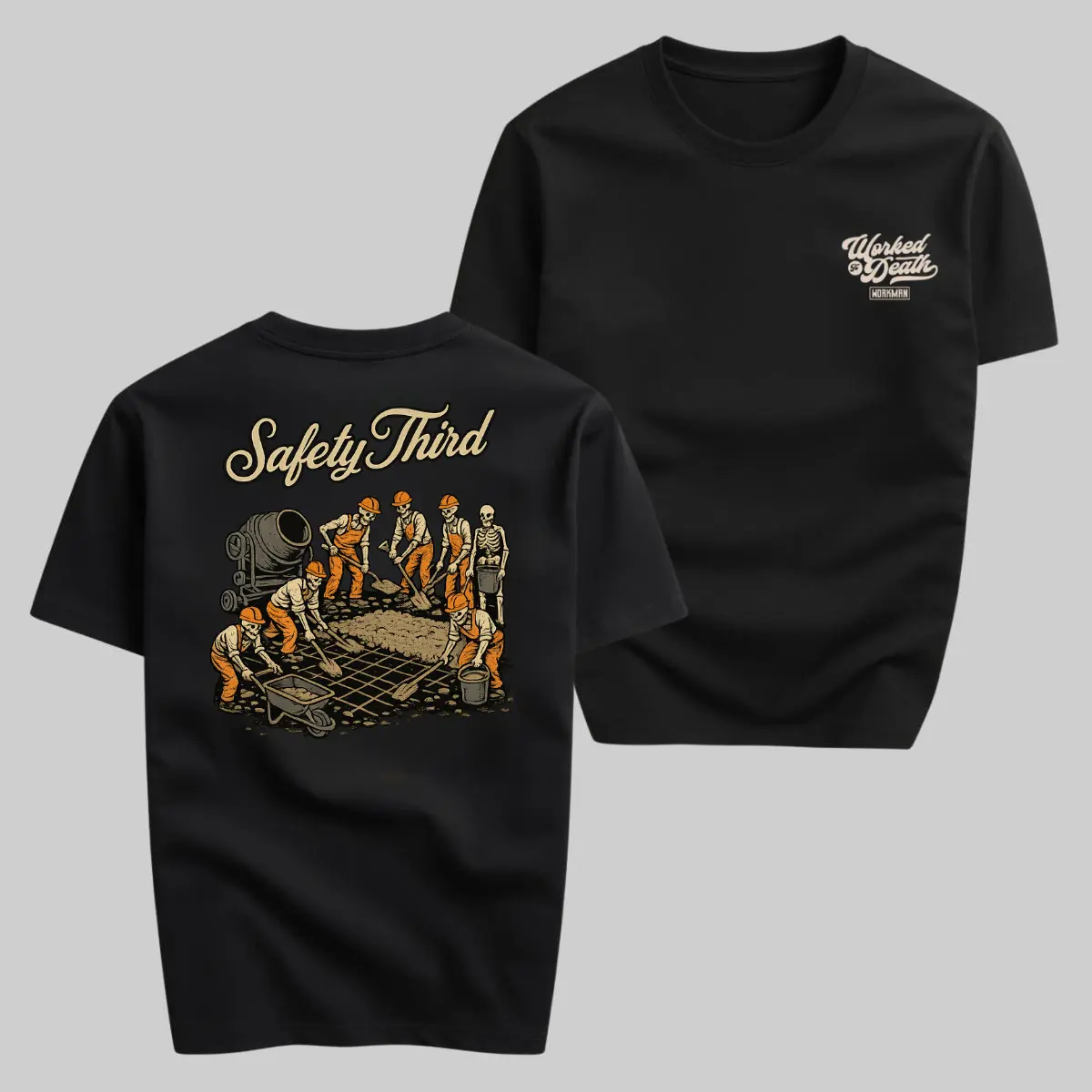 Safety Third Concrete Construction Tee - Funny Skeleton Cement Mason Graphic T-Shirt