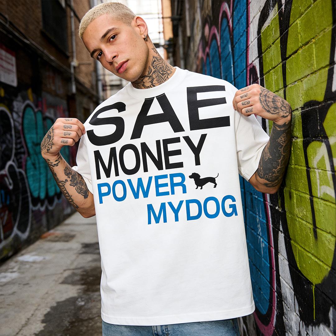 Men's "SAE MONEY POWER MY DOG" Funny Dog Print T-Shirt, 100% Cotton Oversized Streetwear