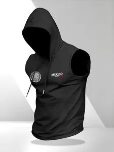Men's Mexican Emblem Graphic Sleeveless Hoodie, Sporty Fitted Casual Wear, Perfect Gift for Boyfriend/husband, Daily Fitness & Leisure, Graphic Print Hoodie